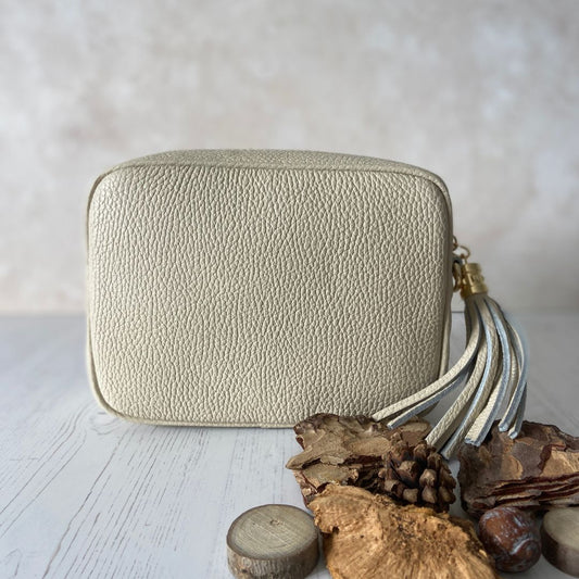 Olive - Leather Crossbody Tassel Bag - Cream