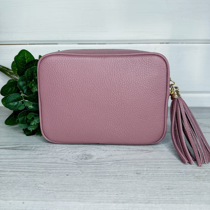 Olive - Leather Crossbody Tassel Bag - Dusky Pink