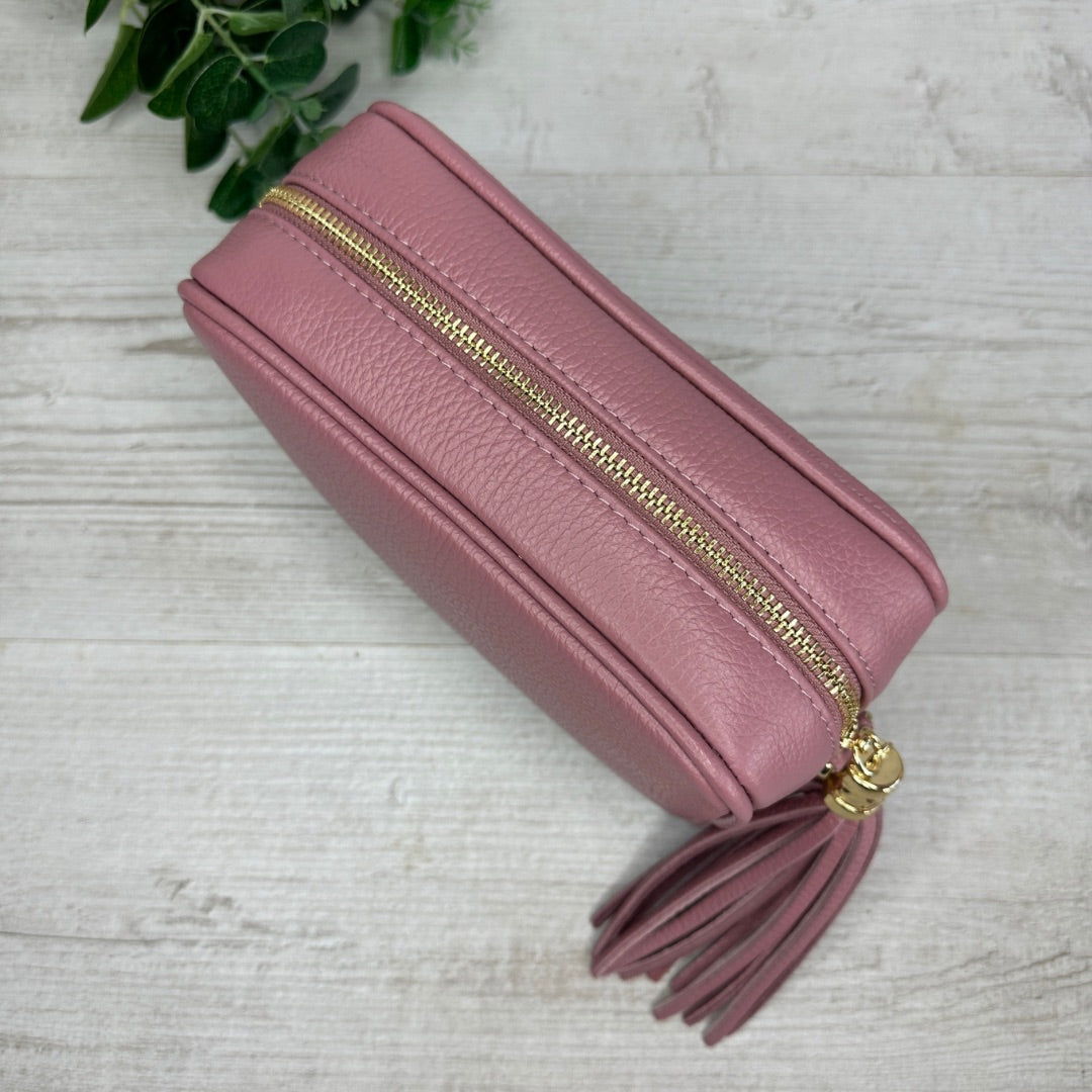 Olive - Leather Crossbody Tassel Bag - Dusky Pink