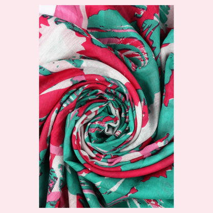 Tropical Leaf Print Scarf - Pink & Green