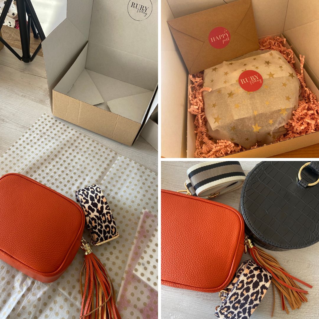 Photo collage showing orange leather crossbody bag and matching strap waiting to be gift wrapped in white and gold tissue.The product also shown fully gift wrapped & boxed including a card. Demonstrating how gifts can be sent on your behalf by Ruby Friday