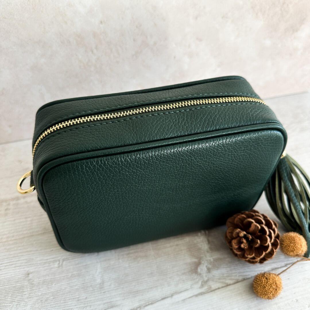 Olive - Leather Crossbody Tassel Bag - Dark Green