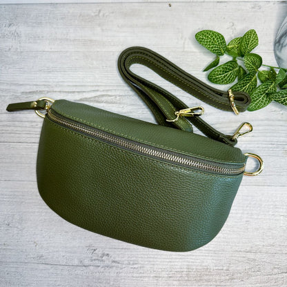 Lulu Plus Larger Leather Bum Bag | Khaki Green