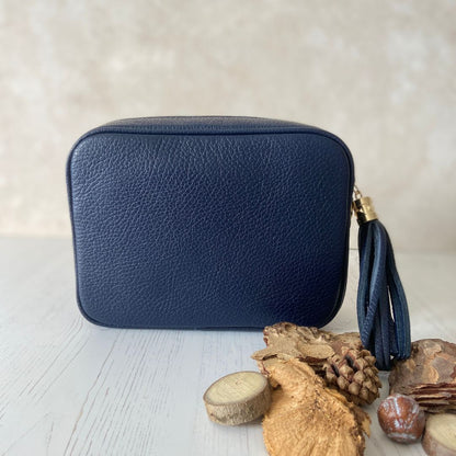 Olive - Leather Crossbody Tassel Bag - Navy