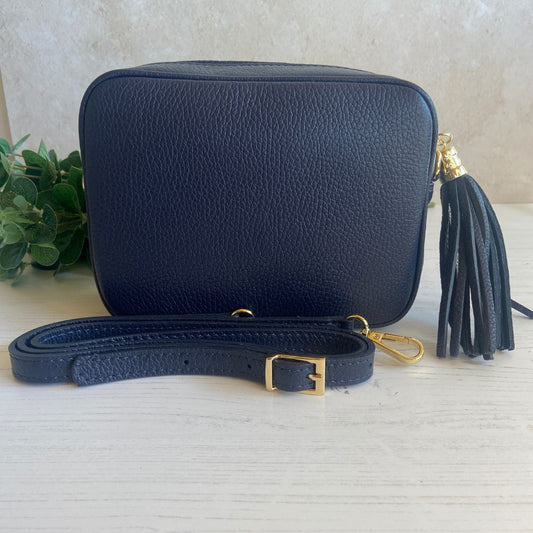Olive - Leather Crossbody Tassel Bag - Navy