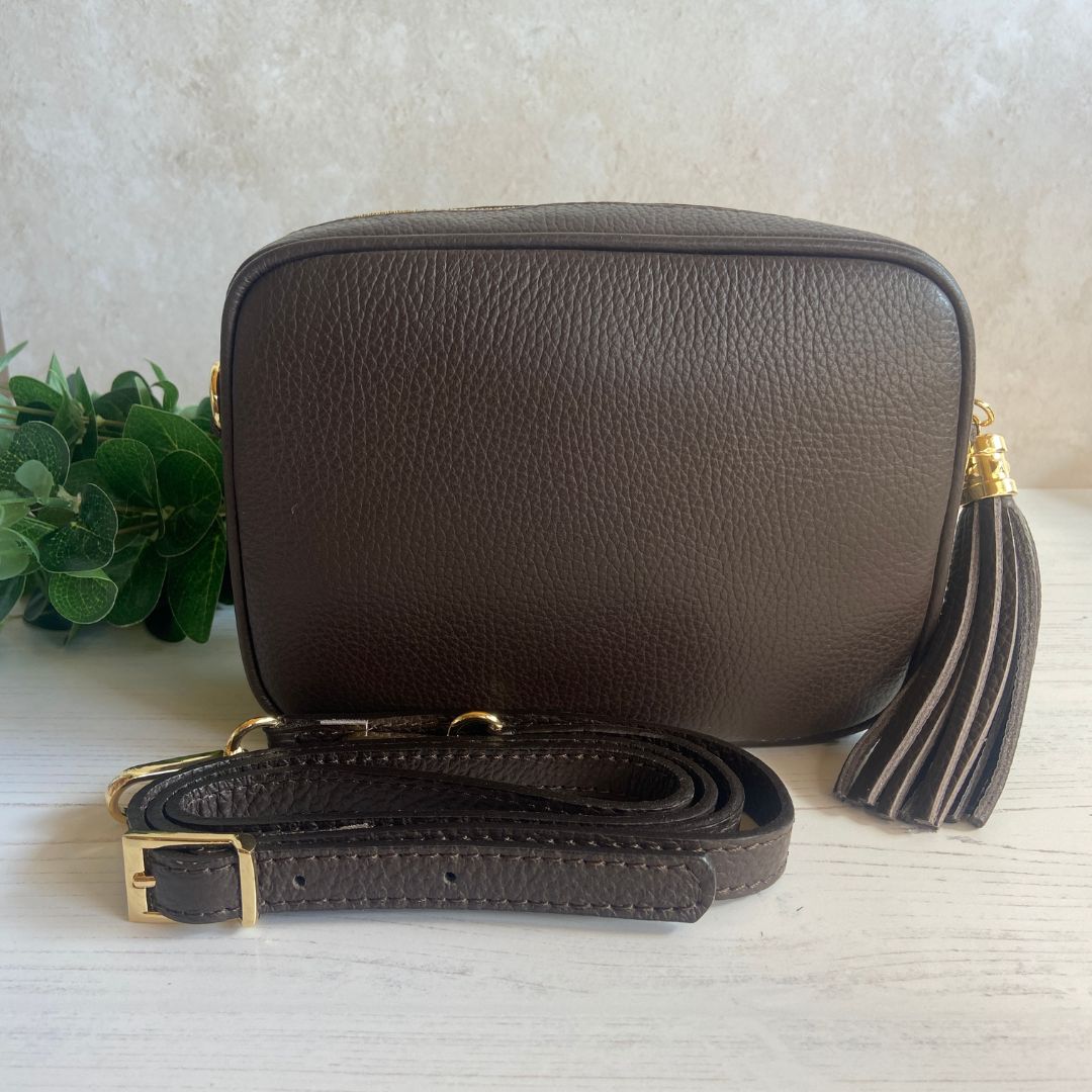 Olive - Leather Crossbody Tassel Bag - Chocolate Brown