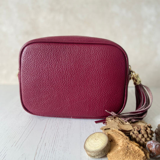 Olive - Leather Tassel Crossbody Bag - Burgundy