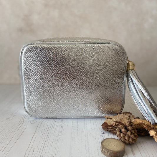Olive - Leather Crossbody Tassel Bag - Silver