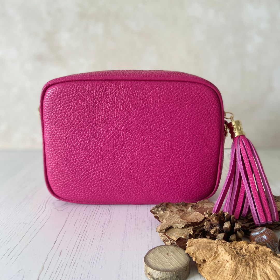 Olive - Leather Crossbody Tassel Bag - Fuchsia Pink