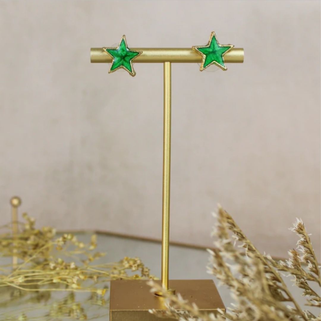 Enamel Star Stud Earrings - Green