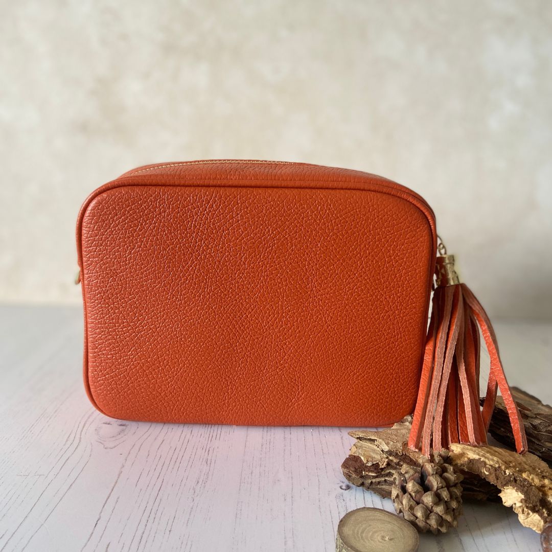 Olive - Leather Crossbody Tassel Bag - Burnt Orange