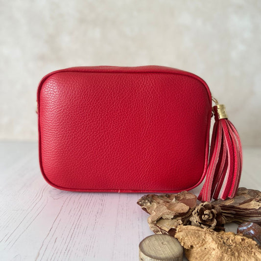 Olive - Leather Crossbody Bag - Red