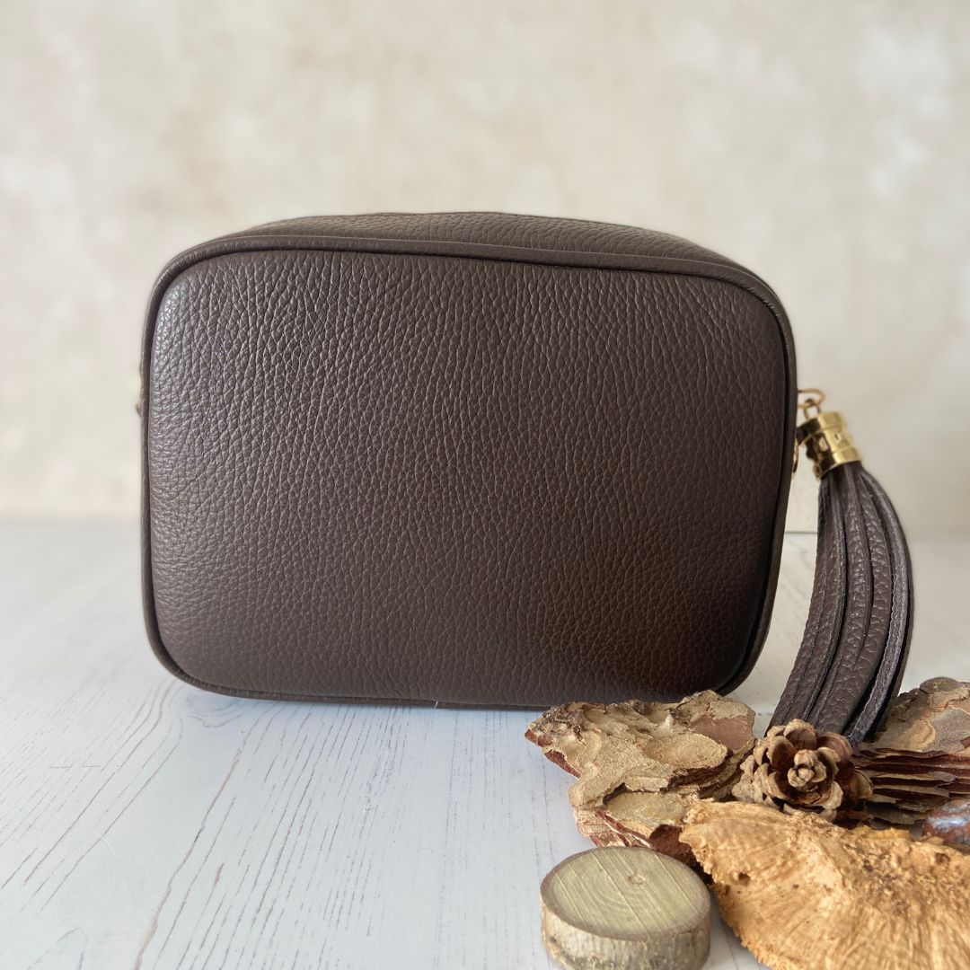 Olive - Leather Crossbody Tassel Bag - Chocolate Brown