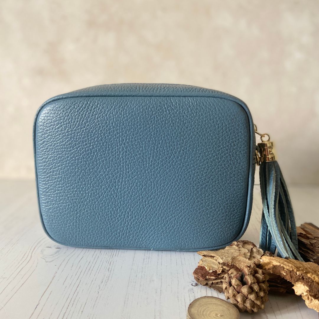 Olive - Leather Crossbody Tassel Bag - Denim Blue