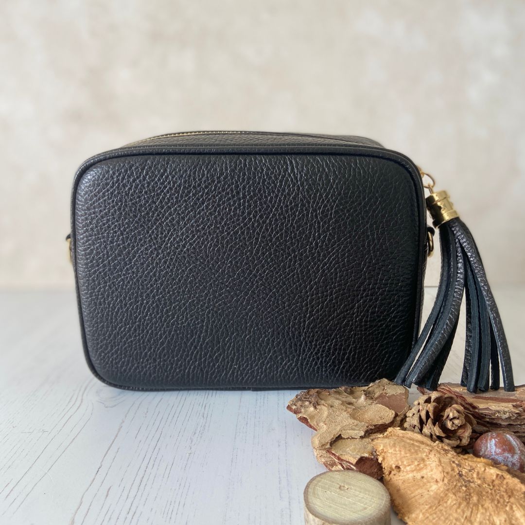 Olive - Leather Crossbody Tassel Bag - Black