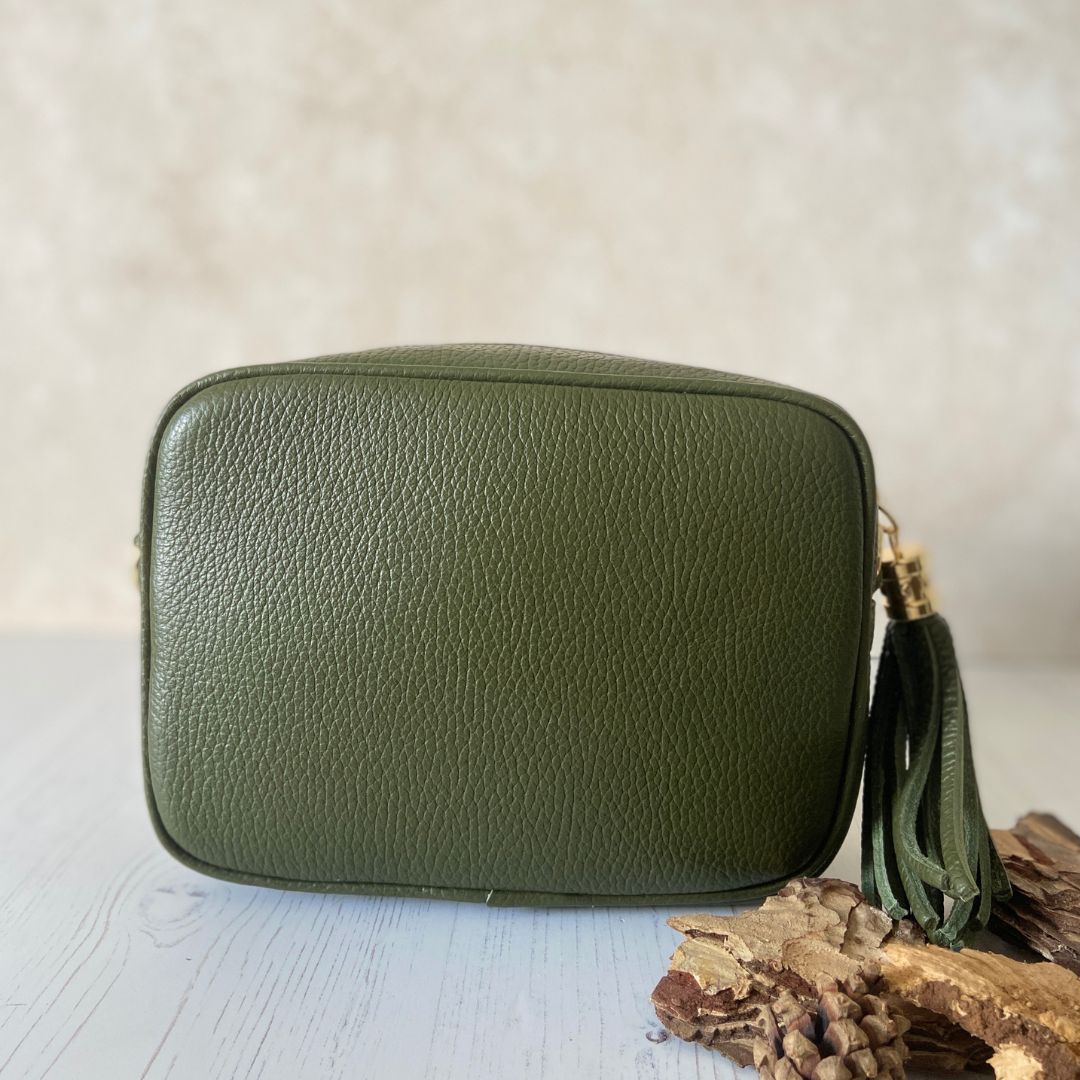 Olive - Leather Crossbody Tassel Bag - Khaki