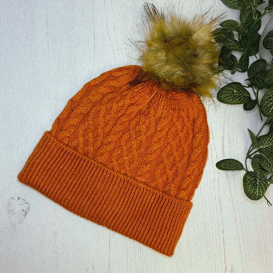 Cable Knit Pom-Pom Hat - Orange