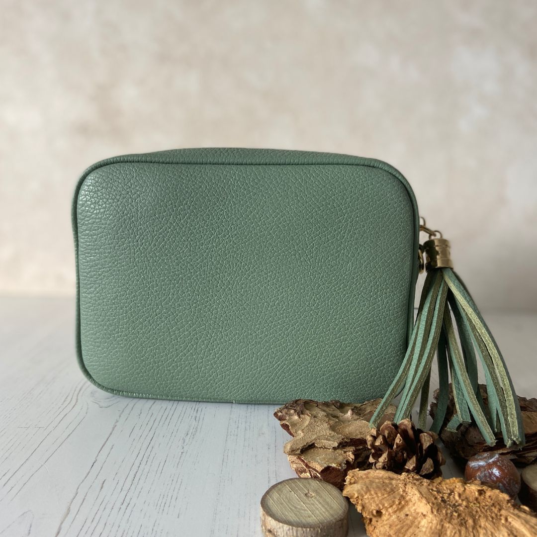 Olive - Leather Crossbody Tassel Bag - Pale Green