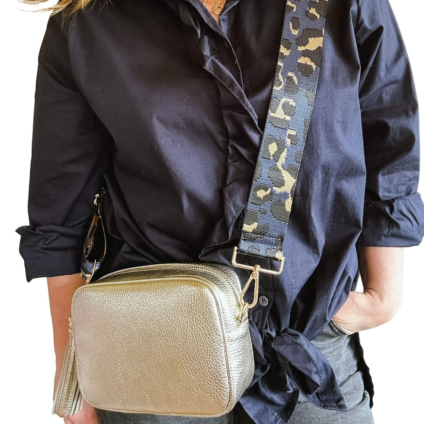 Olive - Leather Crossbody Tassel Bag - Gold